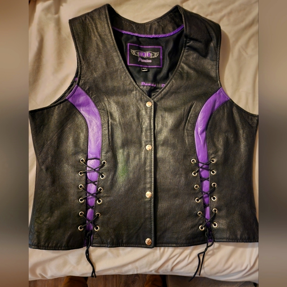 Unik Leather biker chaps & vest set,black w/purple stripes.Chaps sz3x,vest 4xl